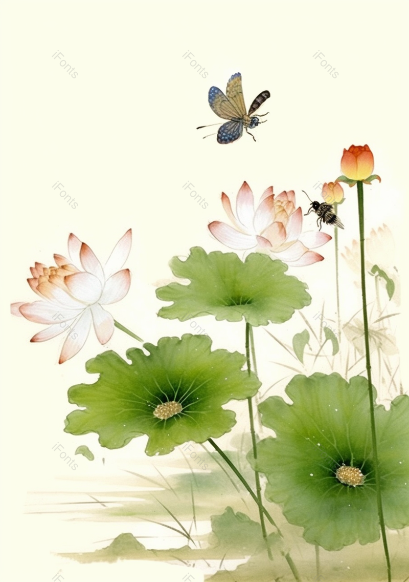 绿色国潮复古古典插画荷叶荷花胡蝶,插画/手绘图,插画/手绘图库,插画/手绘图下载,插画/手绘